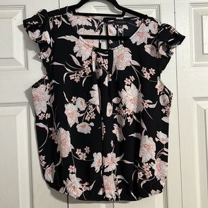 ZENOBIA Black White Pink Floral Flutter Sleeve Blouse Elastic Waist Keyhole Back